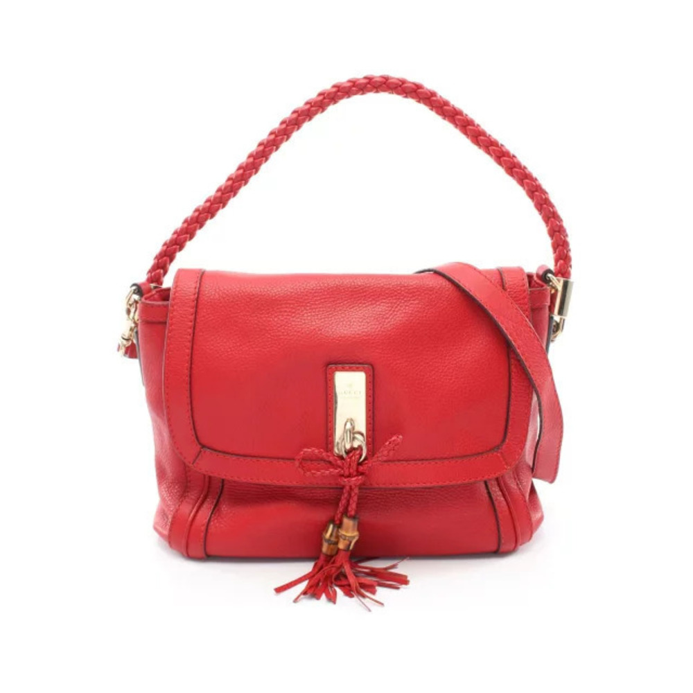 Gucci red leather Bella 2Way Shoulder Bag braided top handle bamboo tassel